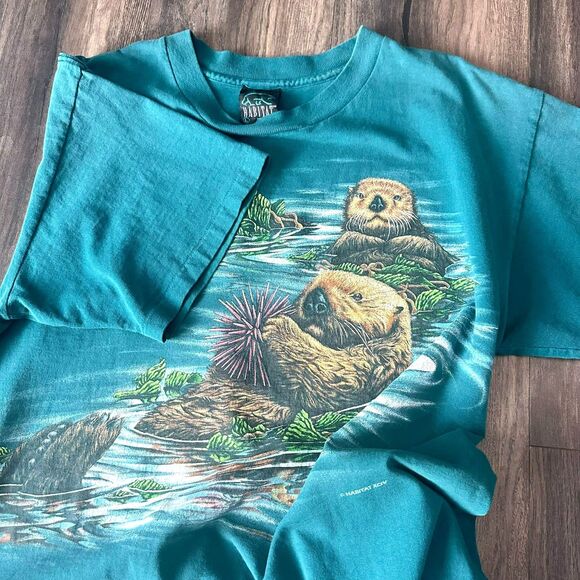 Vtg 1994 Otters Habitat Graphic Wraparound Teal Shirt Men's Large Single Stitch - Picture 7 of 7